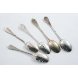 FIVE DOGNOSE TEA SPOONS:- A set of three with an engraved crest below the motto "I AM READY",