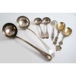 A MIXED LOT:- An Old English Thread pattern soup ladle, initialled, by the Goldsmiths & Silversmiths