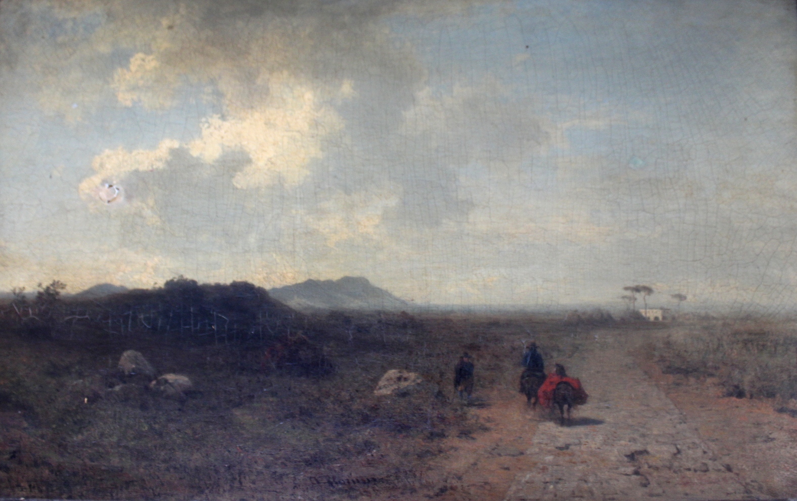 FRENCH SCHOOL, 19TH CENTURY TRAVELLERS ON A COUNTRY ROAD NEARING A VILLA Signed indistinctly, oil on