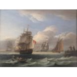 THOMAS LUNY (1759-1837) VESSELS AND A ROWING BOAT OFF A JETTY, PROBABLY DEVON COAST Signed and dated