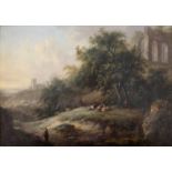 FOLLOWER OF GEORGE MULLINS (Fl.1756-1775) A WOODED UPLAND PASTORAL SCENE WITH RUINS Oil on canvas 30