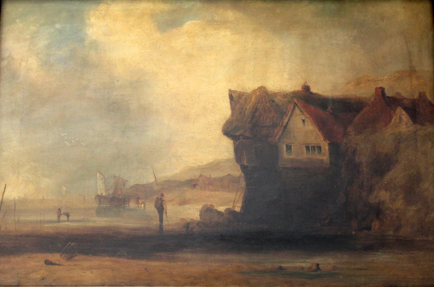 ENGLISH SCHOOL, 19th CENTURY COASTAL SCENE WITH FIGURES ON A BEACH, POSSIBLY NORMANDY Bears later R.