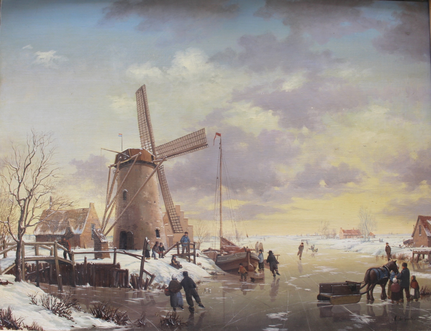•A** de GROOTE (1892-1947) FIGURES SKATING ON A FROZEN RIVER BY A WINDMILL Signed, oil on panel 50 x