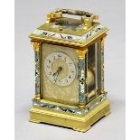 FRENCH BRASS AND CHAMPLEVE CARRIAGE CLOCK, late 19th century, the 2 1/4" silvered chapter ring