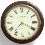 VICTORIAN OAK CASED STATION TYPE WALL CLOCK, the 15" enamelled dial inscribed E Northwood, Bideford,