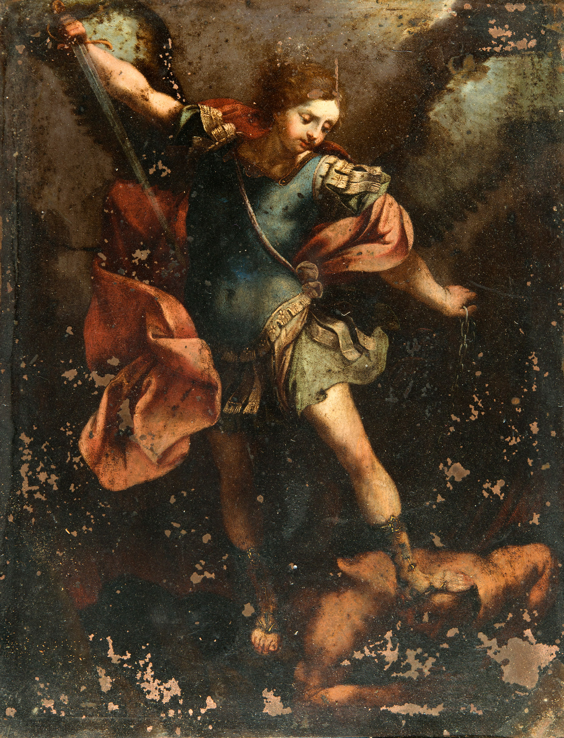 AFTER GUIDO RENI (1575-1642) THE ARCHANGEL MICHAEL DEFEATING SATAN Oil on copper 21.5 x 16.5cm. *