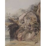 THOMAS SHOTTER BOYS (1803-1874) COTTAGES BY A HIGHLAND RIVER Watercolour and pencil 25 x 19cm.