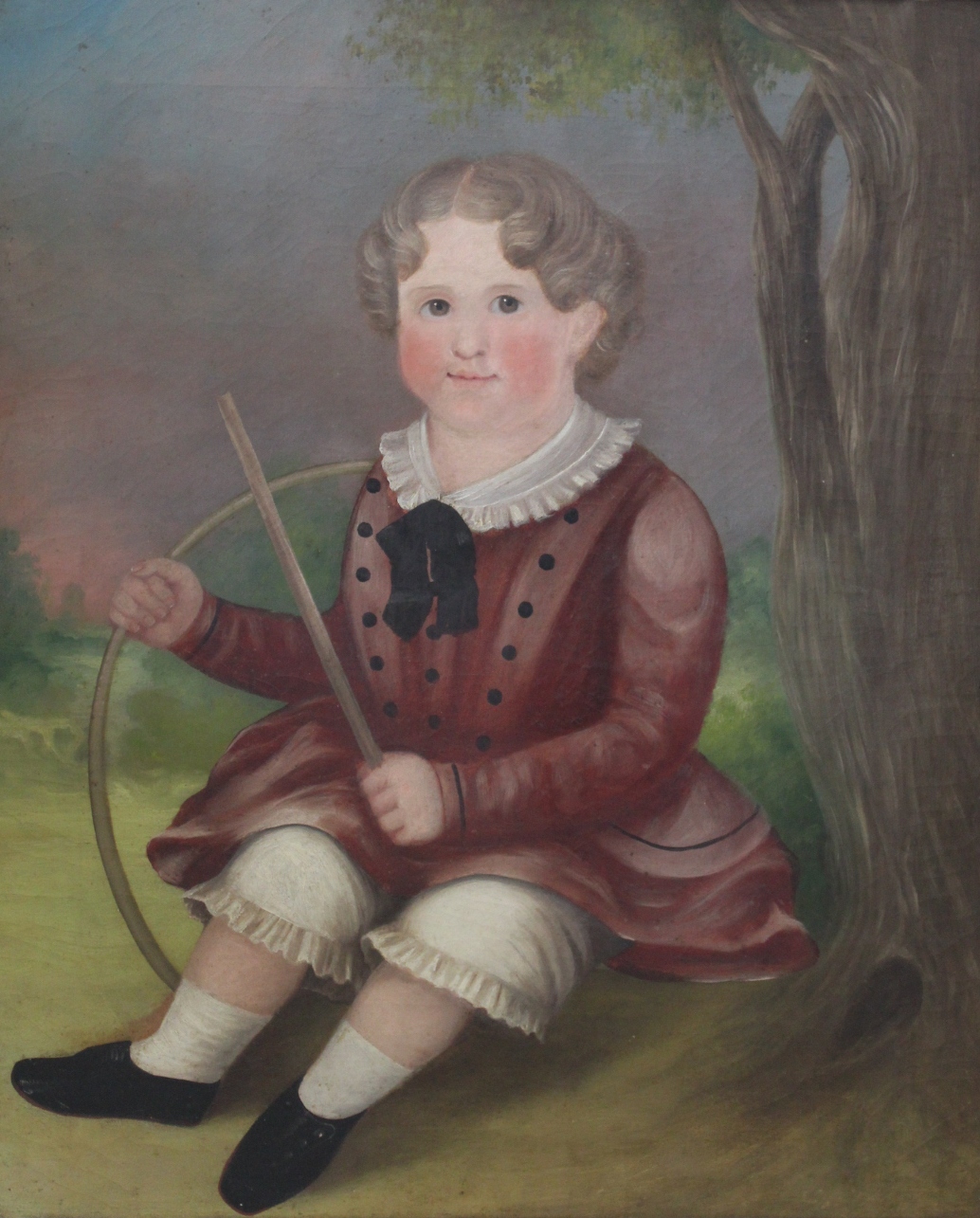 ENGLISH PROVINCIAL SCHOOL, 19th CENTURY PORTRAIT OF A BOY Seated by a tree, wearing a russet dress