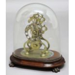 BRASS SKELETON CLOCK, the 4" silvered and pierced chapter ring a chain driven single fusee