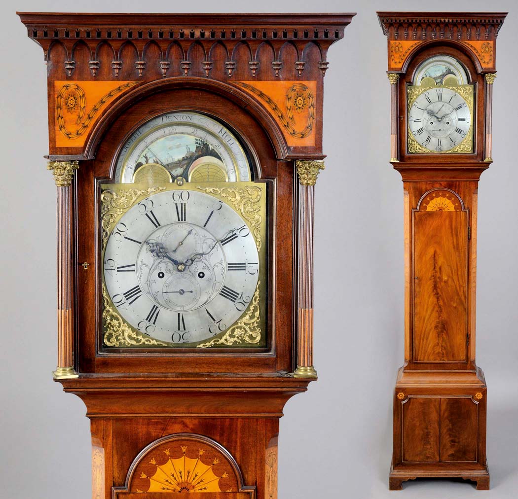 MAHOGANY AND INLAID LONG CASE CLOCK, the 12" silvered chapter ring with subsidiary seconds and