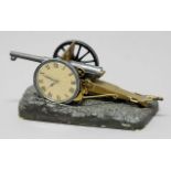 NOVELTY BRONZE CANNON CLOCK AND STAND, early 20th century, modelled on a First World War 75mm