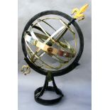 STEEL ARMILLARY SPHERE, by James Blunt, 20th century, steel on a limestone column, sphere height