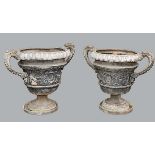 PAIR OF LEAD URNS AND STANDS, 18th century and later, the gadrooned bodies with dolphin handles,