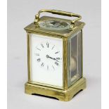 FRENCH BRASS FOUR PANE CARRIAGE CLOCK, the enamelled dial on a four pillar eight day movement half