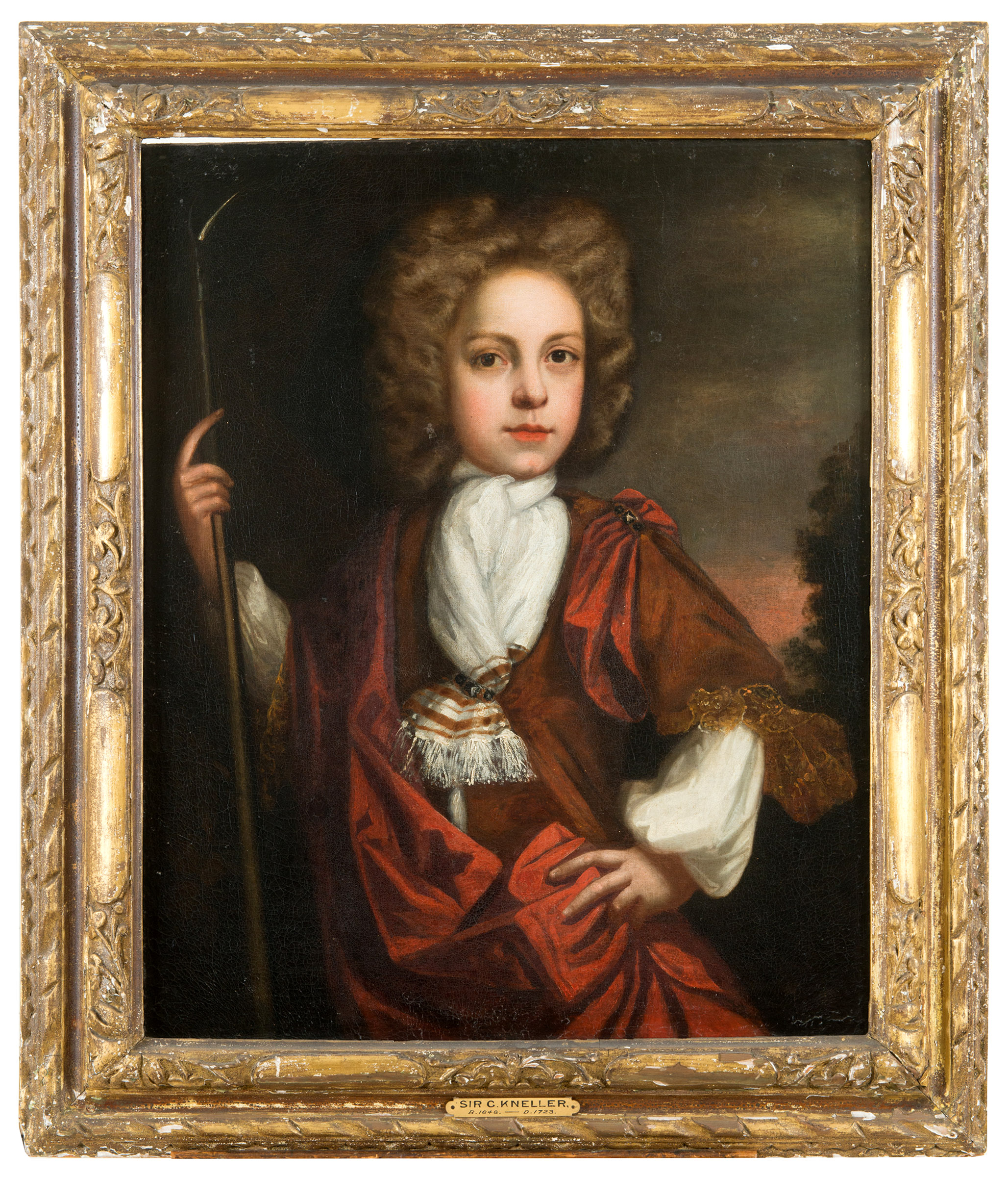 CIRCLE OF SAMUEL KING (Fl.c.1690's) PORTRAIT OF A BOY, AGED 9 Half length, wearing a wig, a red