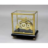 CONGREVE STYLE BRASS ROLLING BALL CLOCK, the three ivorine dials on brass, single fusee movement