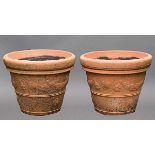 PAIR OF TERRACOTTA JARDINIERES 20th century, with banded and flowerhead decoration, height 65cm,