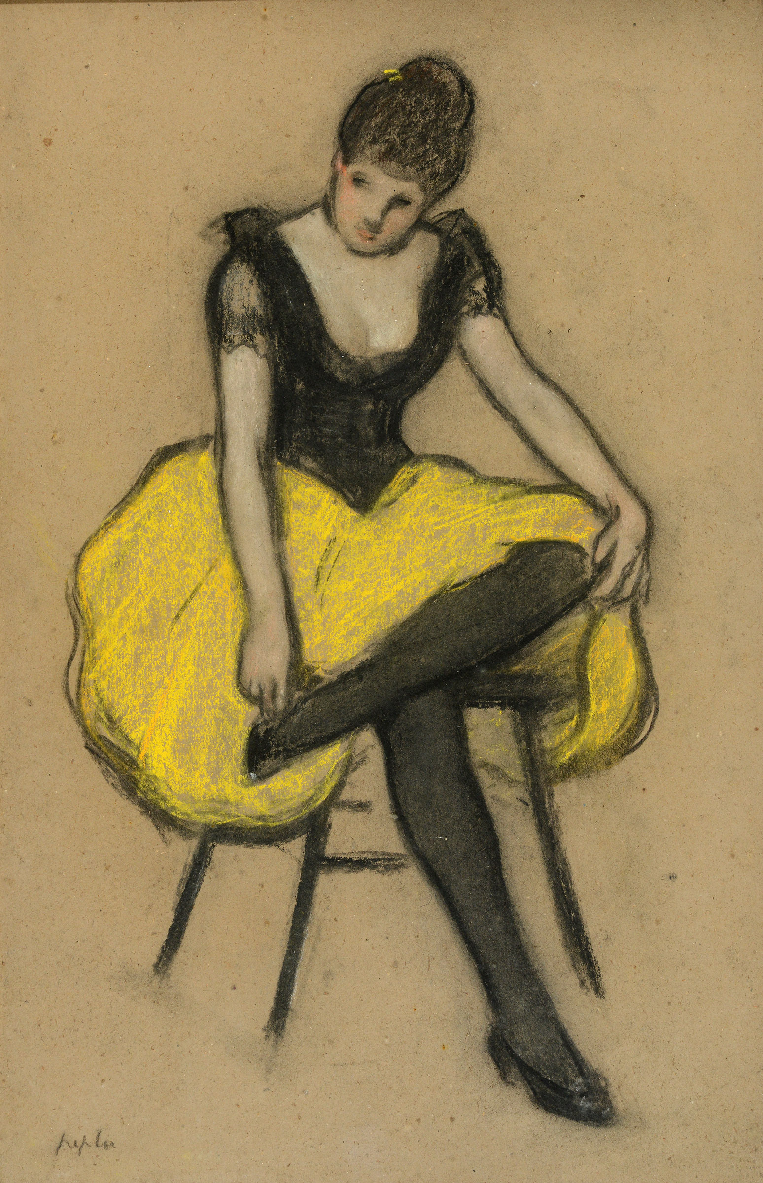 SAMUEL JOHN PEPLOE, RSA (1871-1935) THE YELLOW TUTU: STUDY OF A SEATED DANCER Signed, charcoal and