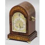 MAHOGANY AND INLAID LANCET MANTEL CLOCK, late 19th century, the 5" silvered dial beneath a fast slow