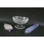 ART GLASS BOWL, GRAY-STAN a hand blown pedestal bowl with white glass streaks and white glass rim to