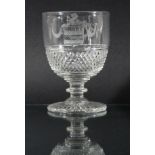 GEORGE III GLASS RUMMER, early 19th century, engraved with a rampant lion armorial crest, reversed