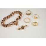 A 9CT. GOLD CURB LINK BRACELET with padlock clasp, 22 grams, together with a gold brooch set with