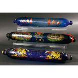 COLLECTION OF SEVEN BLUE GLASS ROLLING PINS, 19th century, painted and gilt with various mottos