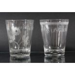 TWO GEORGE III GLASS TUMBLERS, the first engraved 'The Town and Trade of Derby', the second 'The