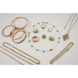 A QUANTITY OF JEWELLERY including a 9ct. gold and cultured pearl necklace, a 9ct. gold and half