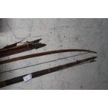 NATIVE BOWS & ARROWS. Two native bows and (9) metal barbed arrows, etc. For various warfare and