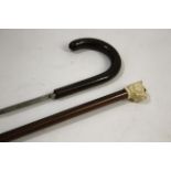 SWORD STICK & BULLDOG WALKING CANE a walking cane the ivory top carved in the form of a Bulldog,