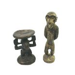 AFRICAN TRIBAL STOOL - LUBA a Luba hardwood stool with a central figure, also with a large carved