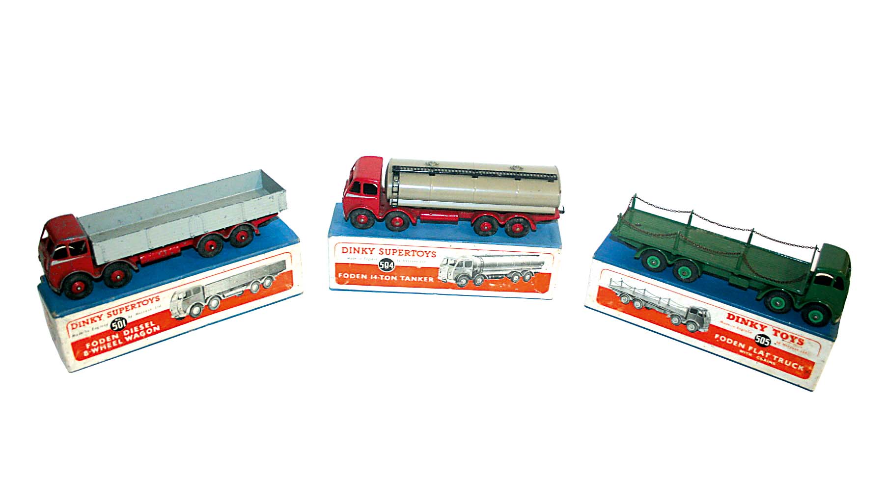 BOXED DINKY TOYS - FODEN 3 boxed Dinky Toys, 505 Foden Flat Truck (all green), 504 Foden 14-Ton