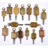 ANTIQUE CONTINENTAL WATCH KEYS 15 brass and base metal watch keys, with a variety of symbols and