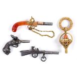 ANTIQUE WATCH KEYS - PISTOLS 4 watch keys including an agate handled key in the form of a Pistol,