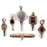 ANTIQUE WATCH KEYS 6 various keys including a 9ct gold fob key, silver hallmarked fob key, and 4