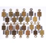 ANTIQUE BRASS WATCH KEYS - ADVERTISING approx 23 brass watch keys, the square shaped keys all made