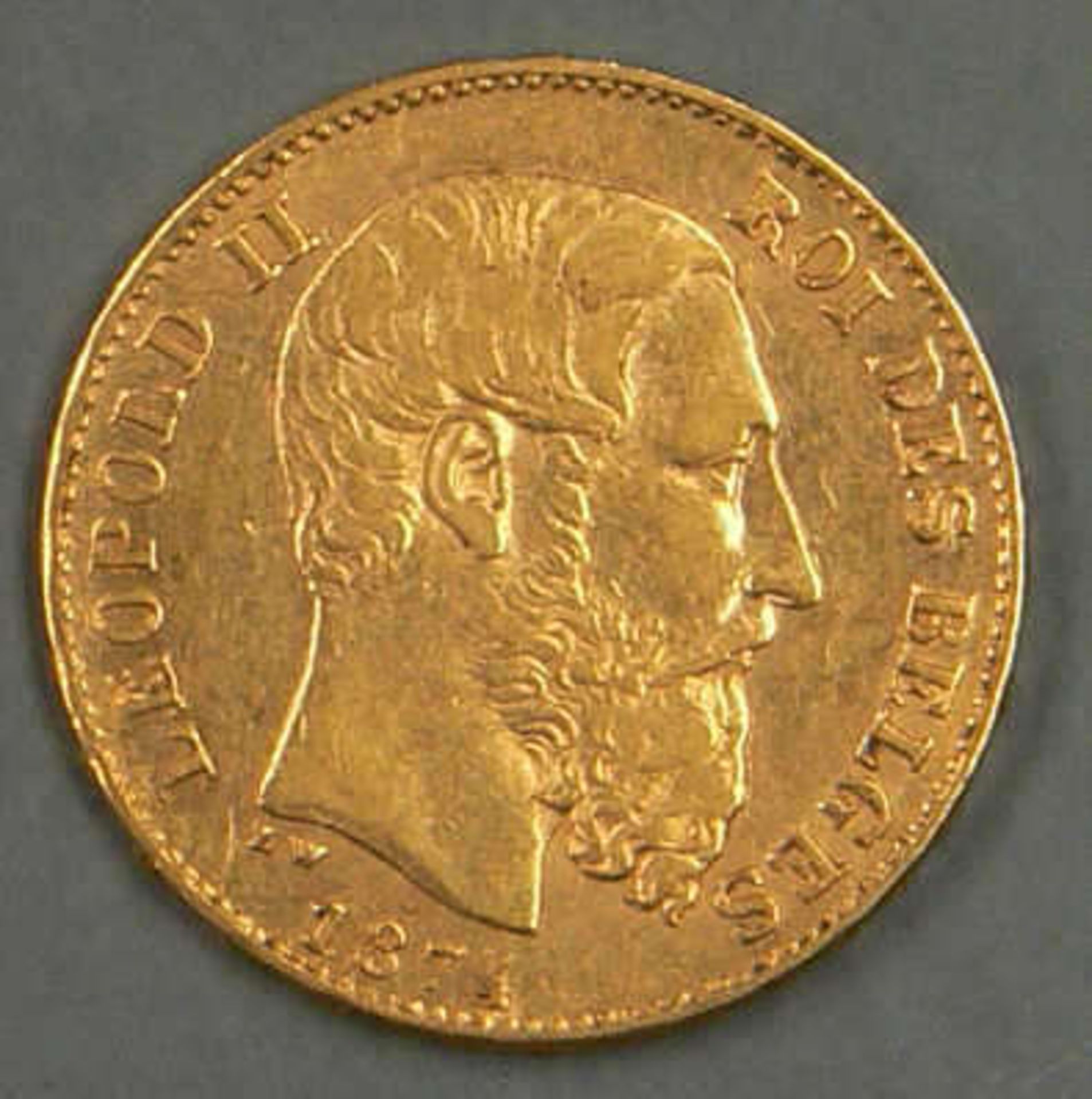 Belgien 1874, 20.- Francs - Goldmünze "Leopold II.". 900er Gold. Gewicht: 6,47 g. Erhaltung: vz.