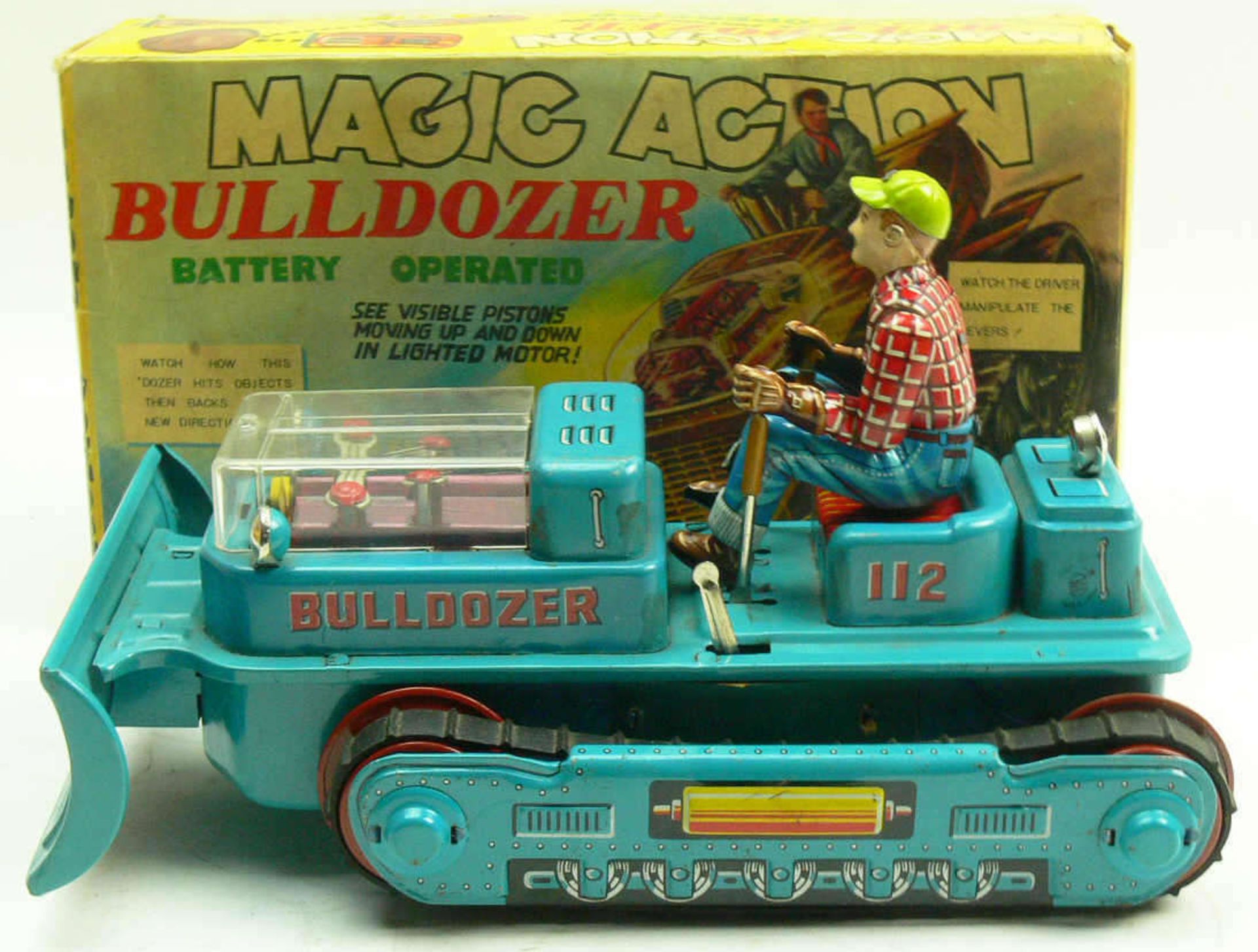 T.N. Nomura Japan, "Magic Action Bulldozer". In OVP. Batteriebetrieben. Blech/Kunststoff. Funktion