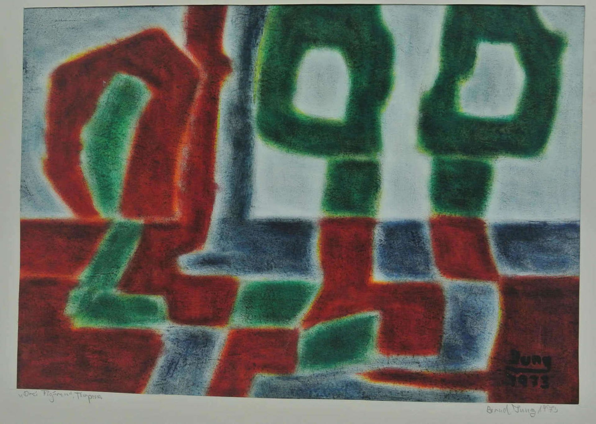 Bernhard Jung, Werkkunstschule Essen / Wupperttal, Tempera,"3 Figuren " rechts unten Signatur