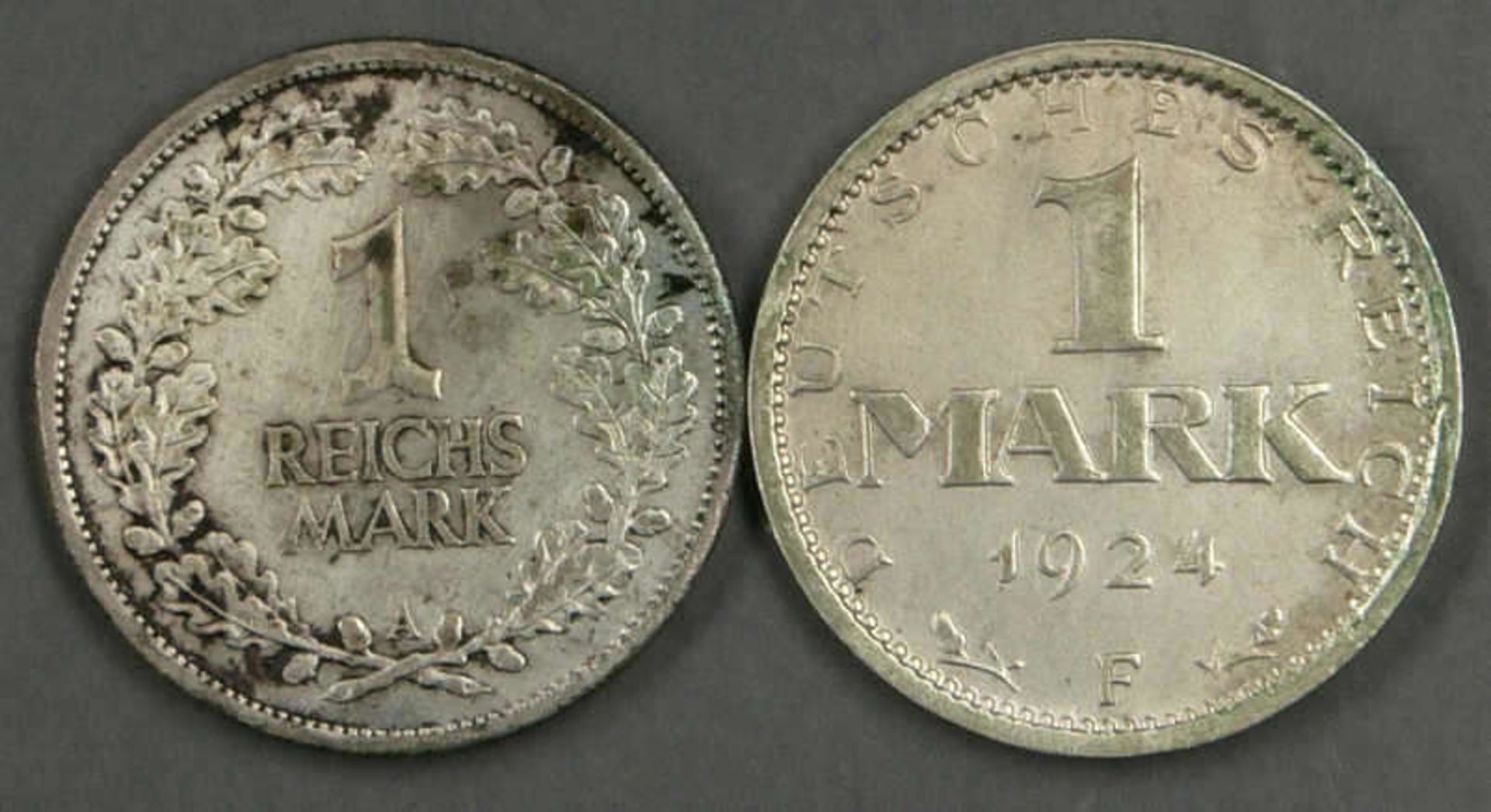 Deutsches Reich 1924/25, 1 Mark 1924 F, vz und 1 Reichsmark 1925 A, ss. German Empire 1924/25, 1