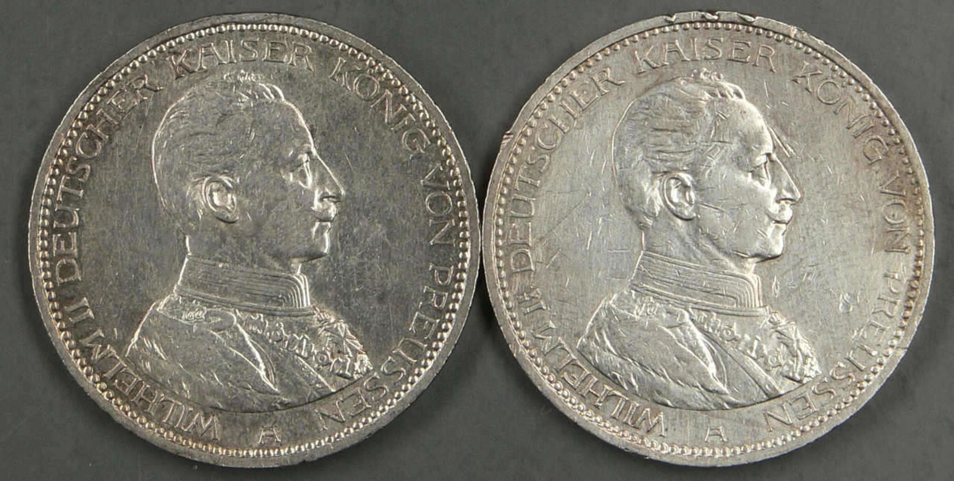 Deutsches Kaiserreich Preußen 1913 A. 2 x 5.- Reichsmark - Silbermünzen. Erhaltung: ss. German