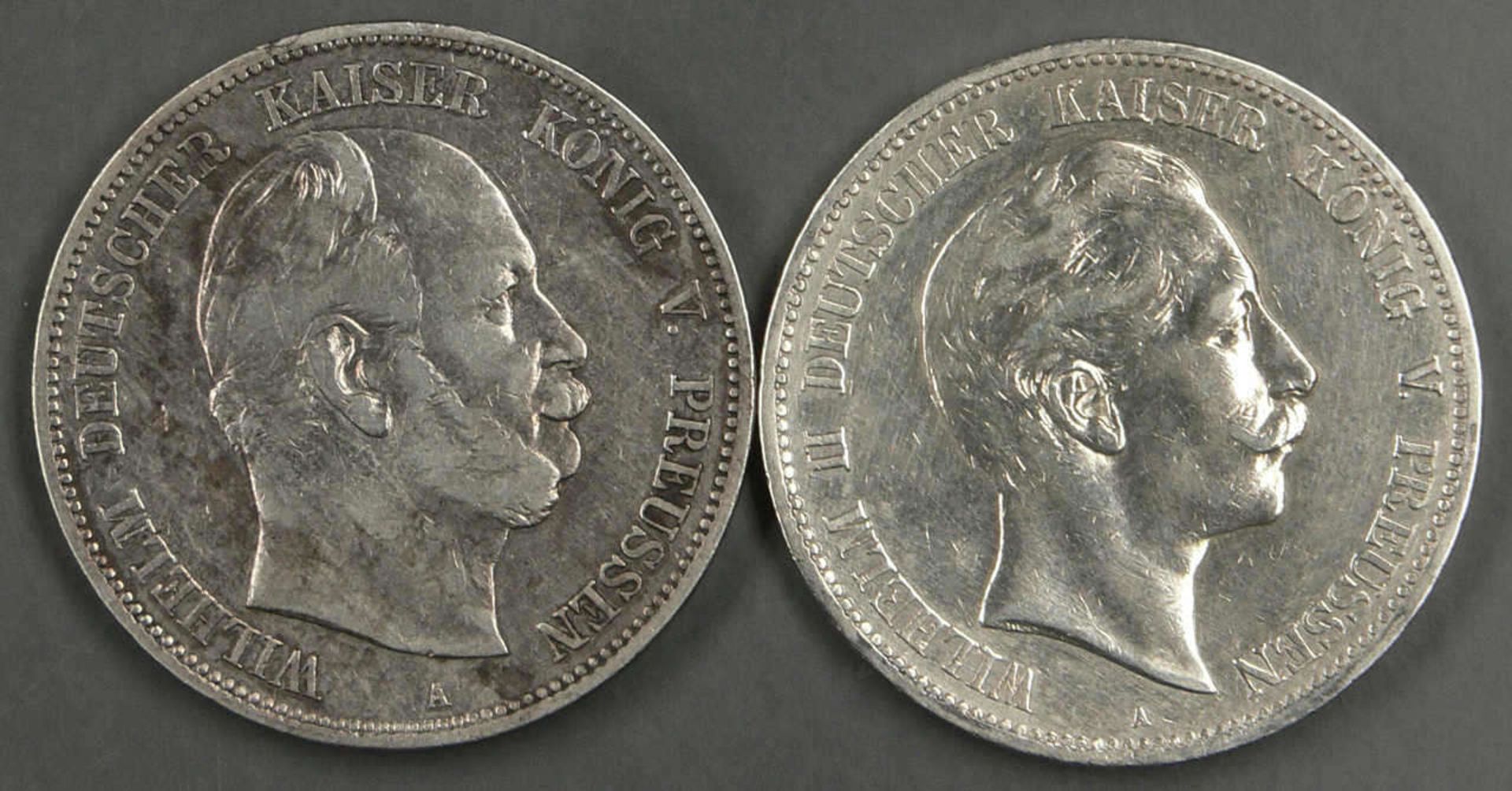 Deutsches Kaiserreich Preußen 1876/1907, 2 x 5.- Mark - Silbermünzen, 1 x 1876 A und 1 x 1907 A.