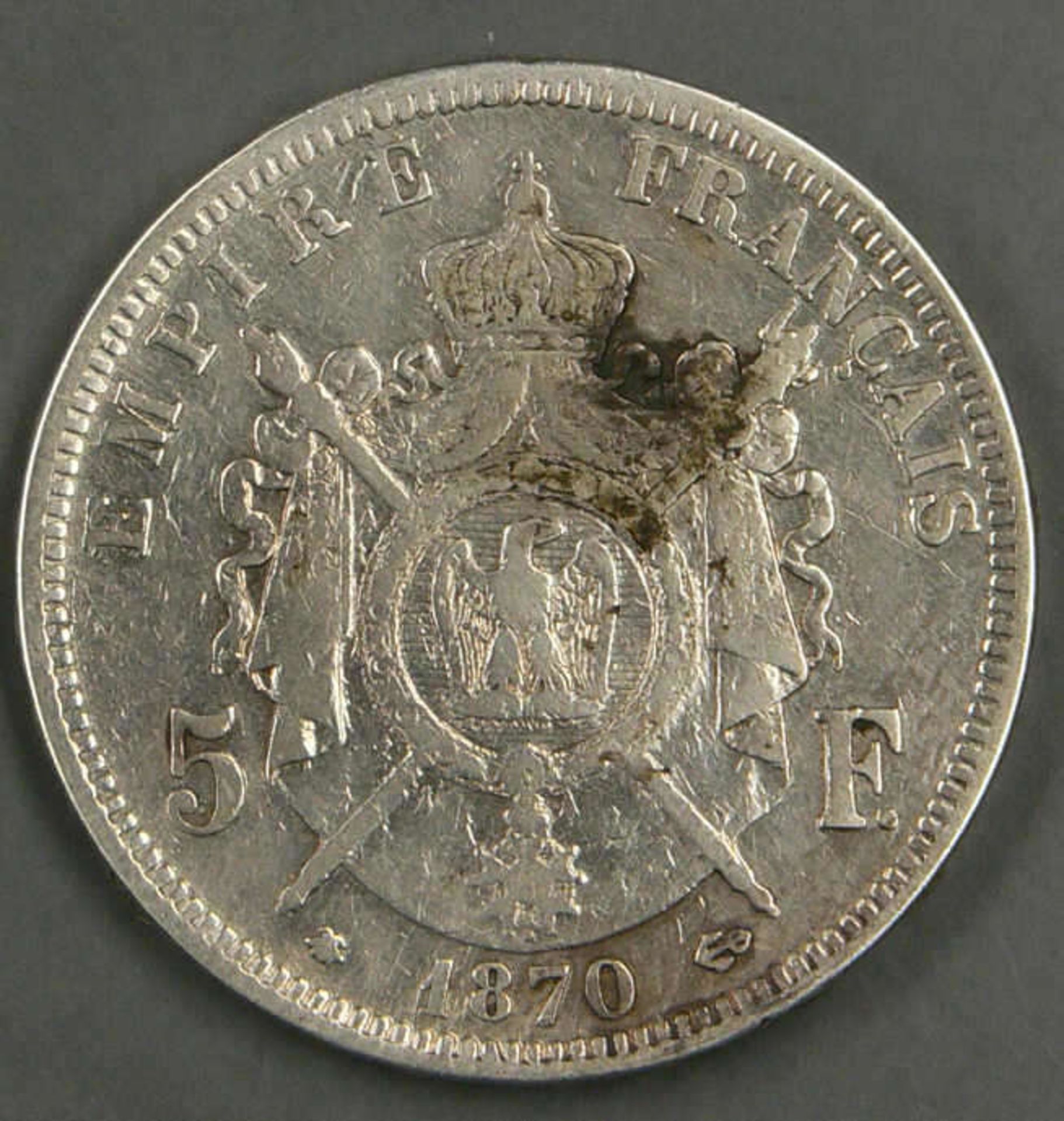 Frankreich 1870 A, 5.- Francs - Silbermünze "Napoleon III.". Erhaltung: ss. France 1870 A, 5.- - Bild 2 aus 2