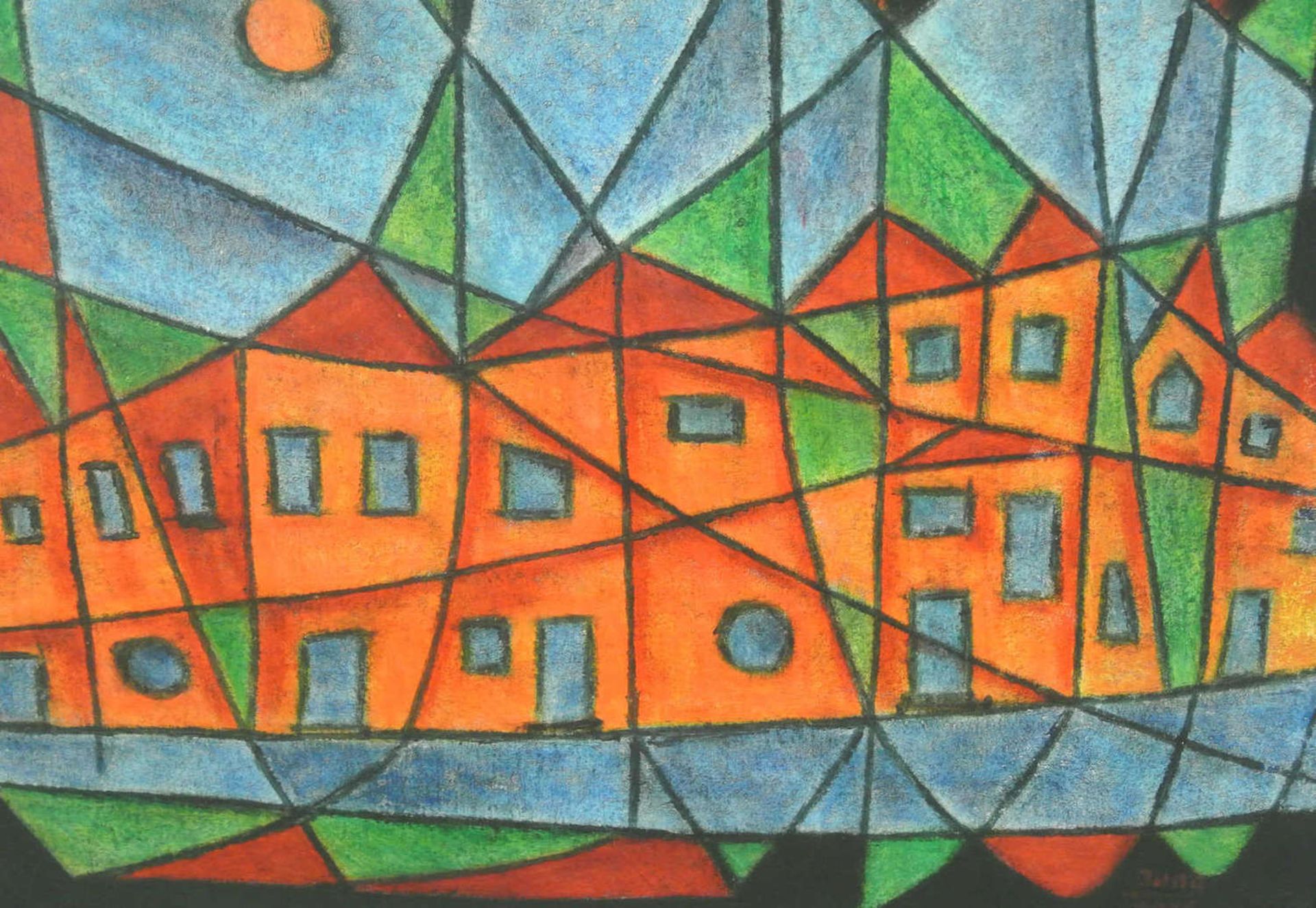 Bernhard Jung, Werkkunstschule Essen / Wupperttal, Tempera,"Kleine Stadt" , Breite ca. 40 cm, Höhe - Bild 2 aus 3