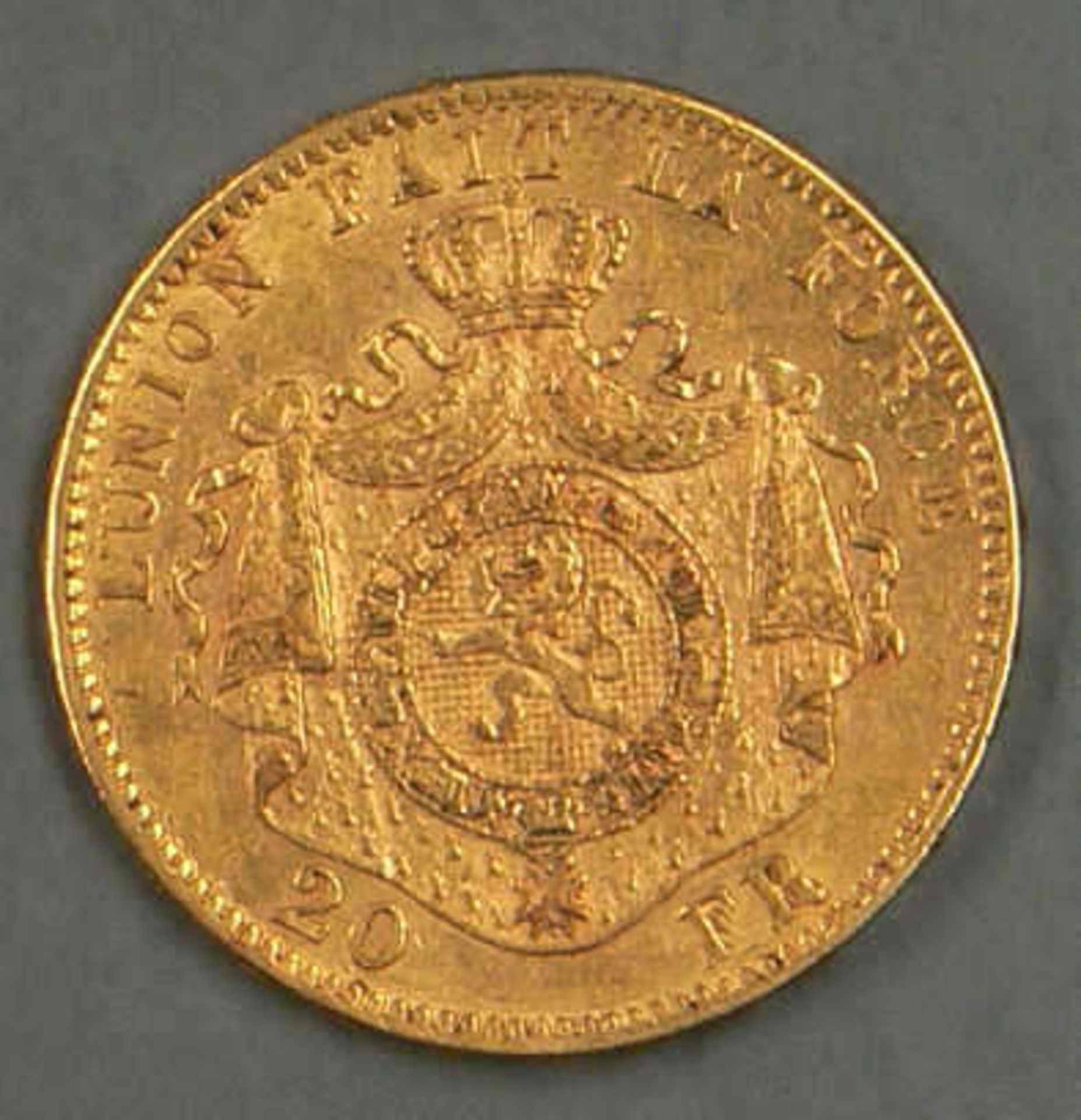 Belgien 1874, 20.- Francs - Goldmünze "Leopold II.". 900er Gold. Gewicht: 6,47 g. Erhaltung: vz. - Bild 2 aus 2