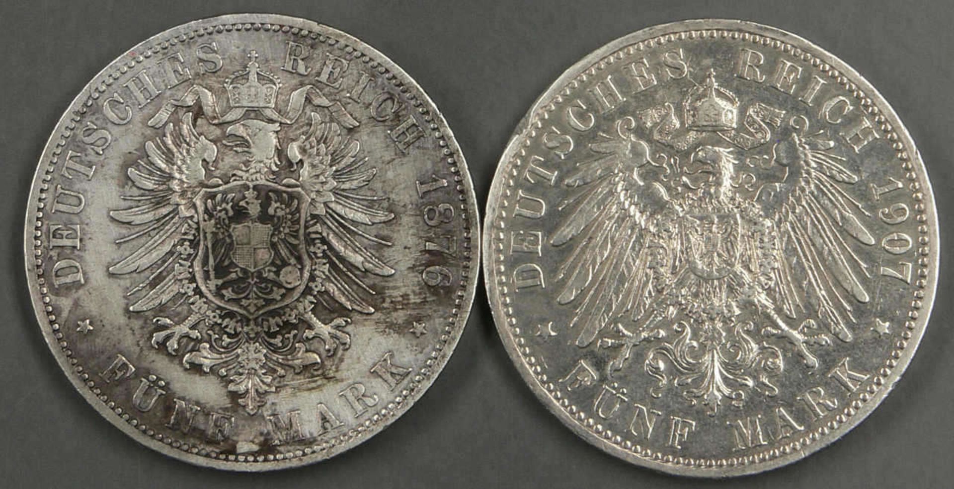 Deutsches Kaiserreich Preußen 1876/1907, 2 x 5.- Mark - Silbermünzen, 1 x 1876 A und 1 x 1907 A. - Bild 2 aus 2