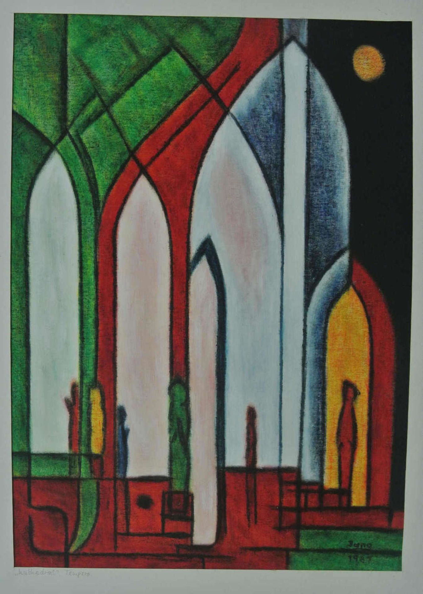 Bernhard Jung, Werkkunstschule Essen / Wupperttal, Tempera,"Kathedral" rechts unten Signatur