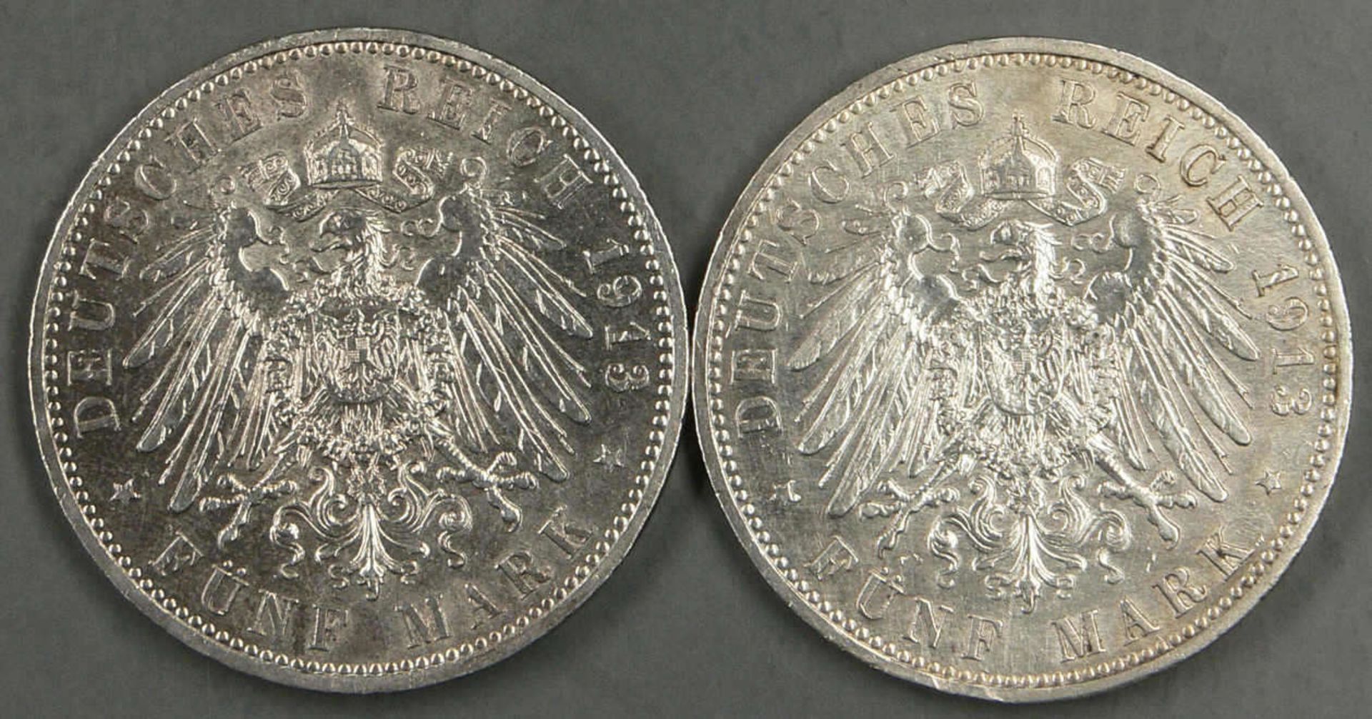 Deutsches Kaiserreich Preußen 1913 A. 2 x 5.- Reichsmark - Silbermünzen. Erhaltung: ss. German - Bild 2 aus 2