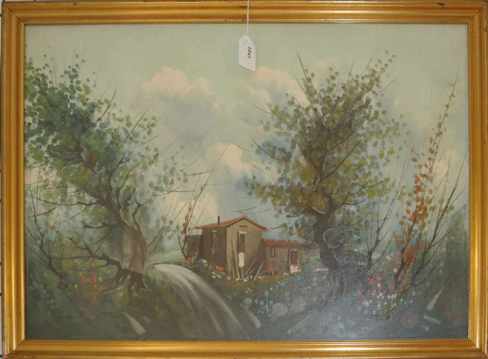 unbekannter Künstler, Ölgemälde auf Leinwand "Bauernhaus am Wegesrand", teilweise sehr dicker